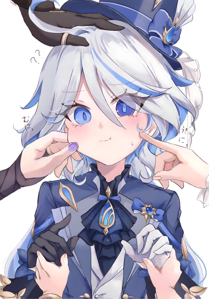 2boys, 3girls, ?, ??, ahoge, ascot, asymmetrical_gloves, black_gloves, blue_ascot, blue_bow, blue_coat, blue_eyes, blue_gemstone, blue_headwear, bow, cheek_pinching, cheek_poking, closed_mouth, coat, furina_(genshin_impact), gem, genshin_impact, gloves, hat, headpat, highres, holding_hands, looking_at_viewer, medium_hair, mismatched_gloves, multicolored_hair, multiple_boys, multiple_girls, nahida_(genshin_impact), out_of_frame, pe_eee00, pinching, poking, raiden_shogun, simple_background, solo_focus, streaked_hair, sweatdrop, top_hat, upper_body, venti_(genshin_impact), vest, white_gloves, white_hair, white_vest, zhongli_(genshin_impact)