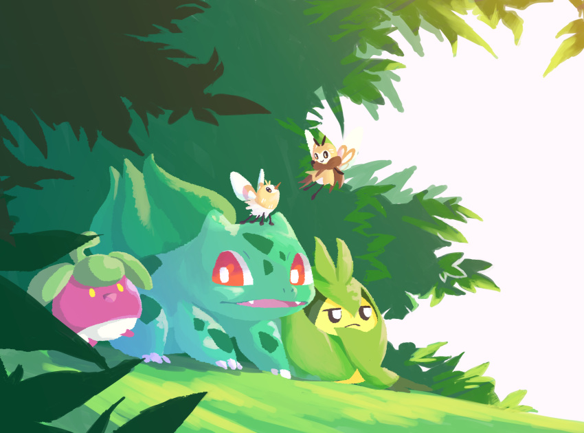 animal_focus, black_eyes, bounsweet, bulbasaur, claws, closed_mouth, crossed_arms, cutiefly