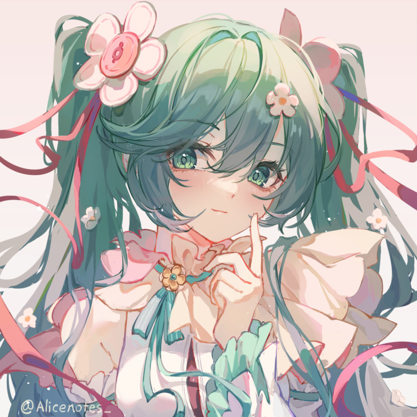 1girl, artist_name, closed_mouth, commentary, detached_sleeves, flower, frilled_sleeves, frills