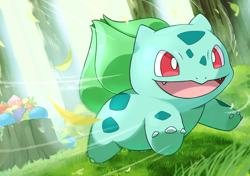 absurdres, animal_focus, berry_(pokemon), bright_pupils, bulbasaur, cheri_berry, chesto_berry, claws