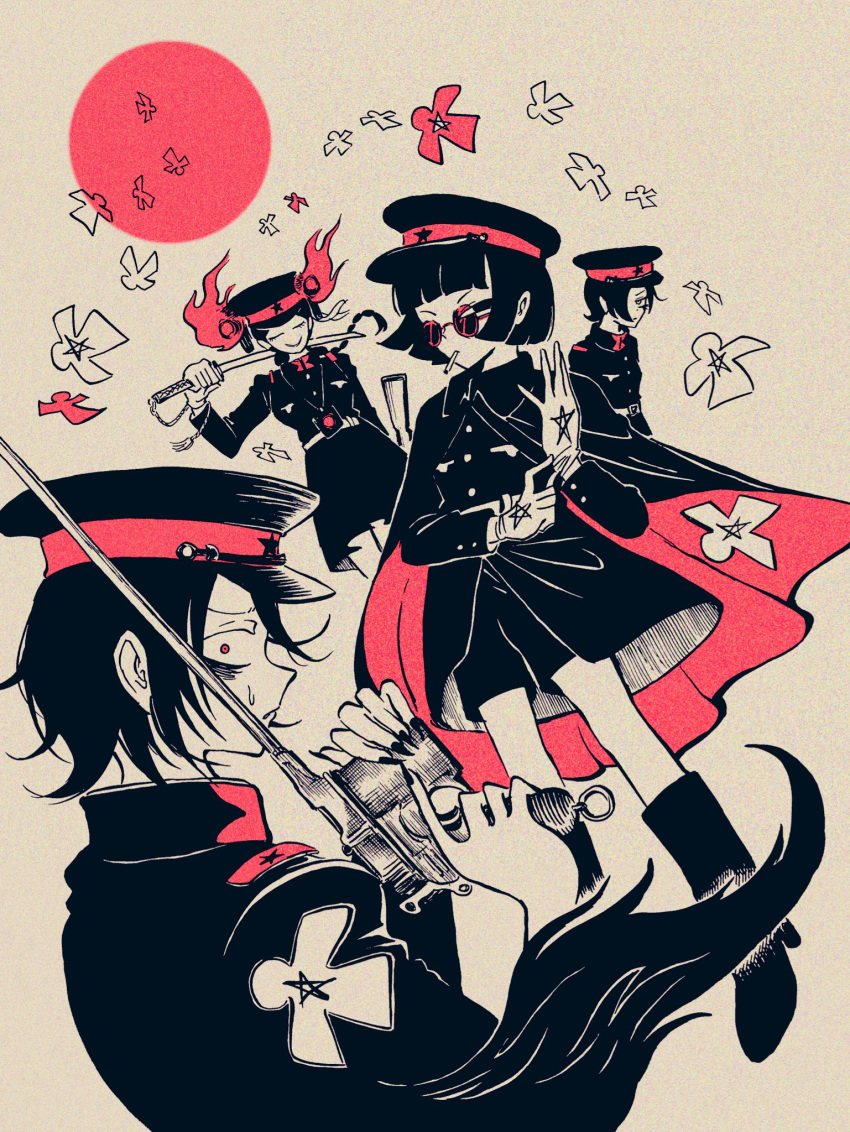 2boys, 3girls, androgynous, belt, black_cape, black_eyes, black_footwear, black_headwear