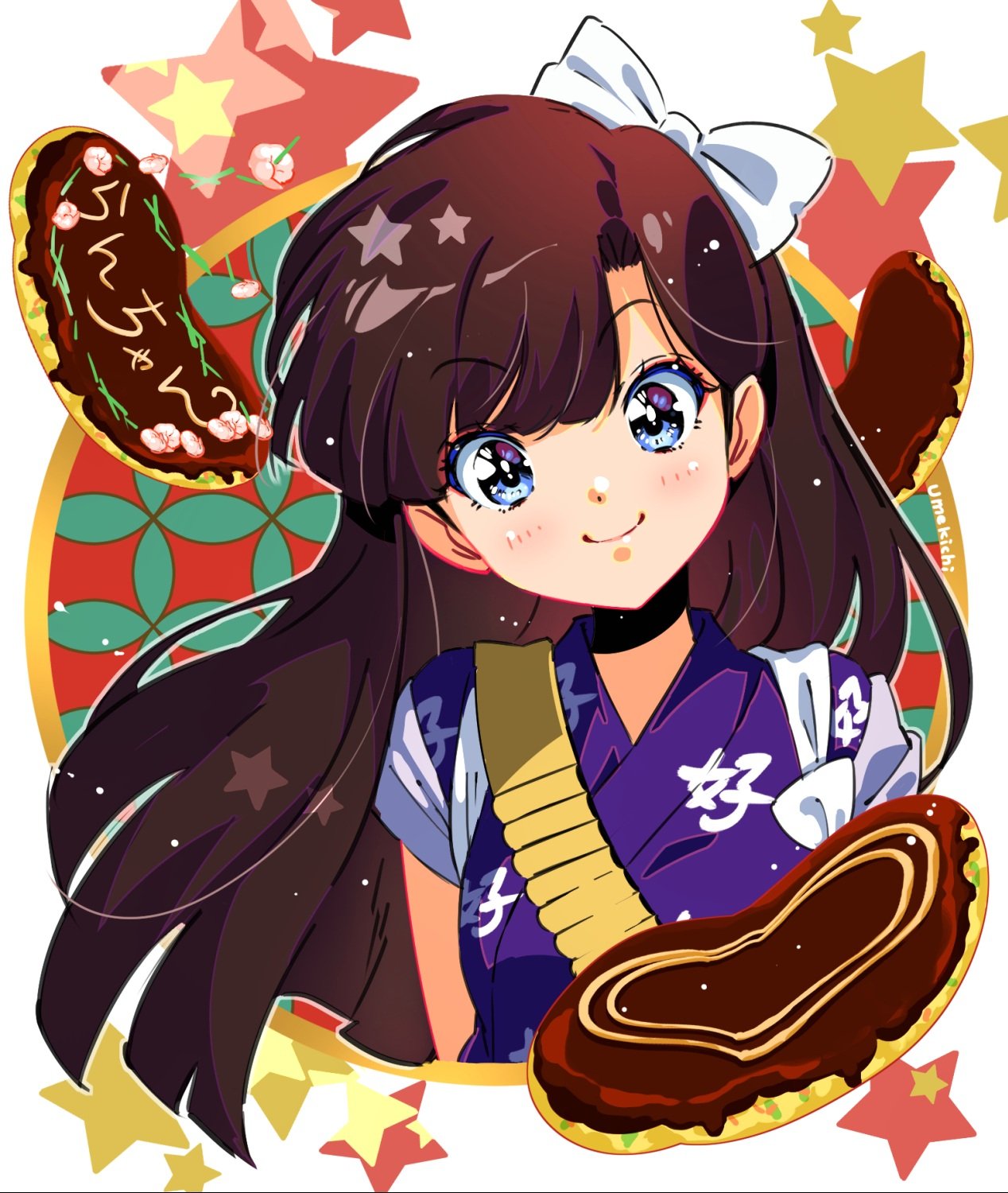 1girl, blue_eyes, brown_hair, commentary_request, food, hair_ribbon, highres, japanese_clothes