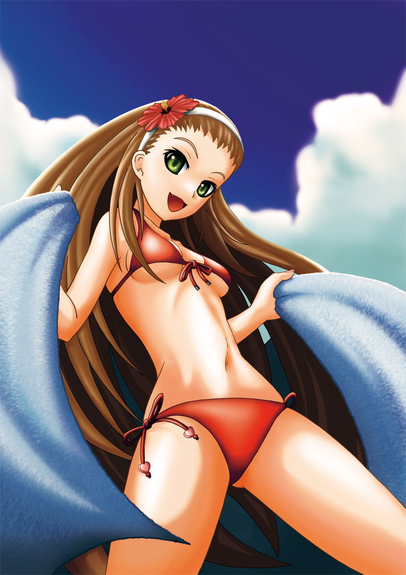 brown_hair, fang, green_eyes, hairband, long_hair, shiratsuki_(wscbsrw0904), sideboob, swimsuit, towel, under_boob
