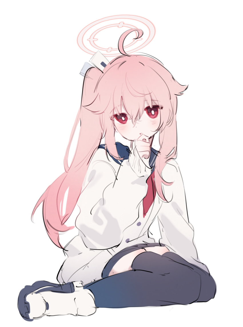 1girl, absurdres, ahoge, black_pantyhose, black_sailor_collar, blue_archive, blush, chinese_commentary, commentary_request, full_body, hair_between_eyes, halo, highres, long_hair, long_sleeves, looking_at_viewer, meijio3, natsu_(blue_archive), neckerchief, pantyhose, pink_hair, pink_halo, red_eyes, red_neckerchief, sailor_collar, shoes, side_ponytail, solo, white_footwear