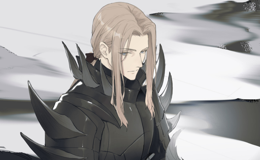 1boy, abstract_background, armor, black_armor, blonde_hair, blue_eyes, cha_(fvaw7353), closed_mouth, expressionless, fire_emblem, fire_emblem:_three_houses, highres, jeritza_von_hrym, long_hair, looking_at_viewer, low_ponytail, male_focus, parted_bangs, shoulder_spikes, sidelocks, solo, spikes, upper_body, white_background