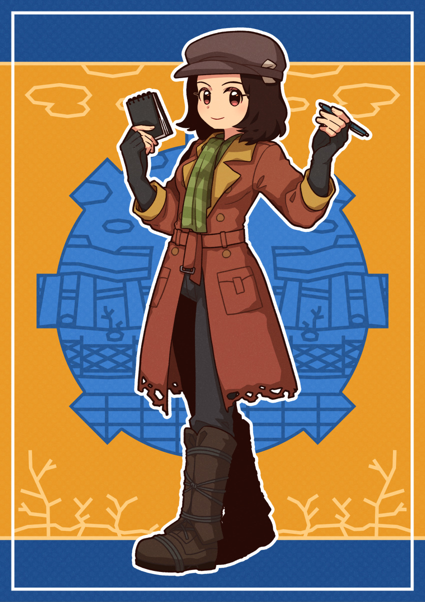 1girl, absurdres, black_gloves, black_pants, brown_coat, brown_eyes, brown_footwear, brown_hair, brown_headwear, coat, fallout_(series), fallout_4, fallout_shelter_online, fingerless_gloves, fingernails, full_body, gloves, green_scarf, highres, holding, holding_notepad, holding_pen, looking_at_viewer, notepad, pants, pen, piper_wright, ricopin, scarf, short_hair, smile, solo, striped, striped_scarf