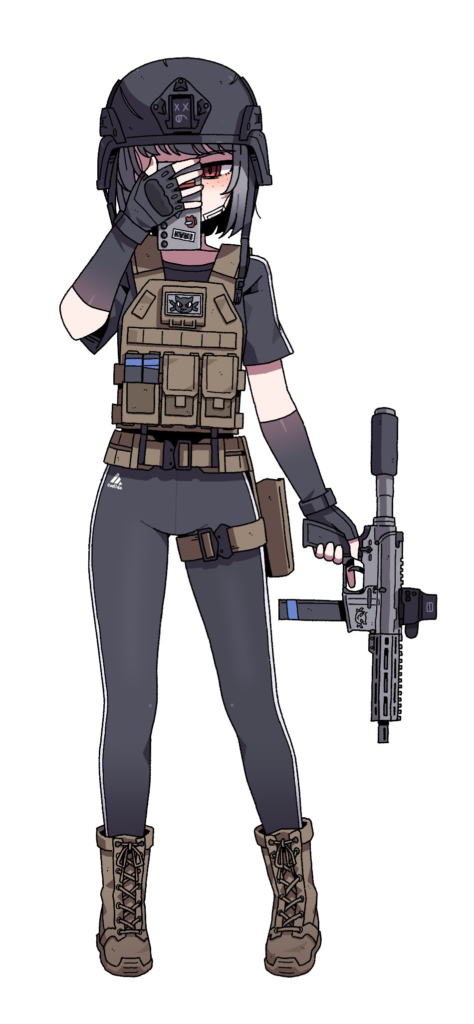 1girl, black_gloves, black_pants, black_shirt, brown_footwear, bulletproof_vest, elbow_gloves, fingerless_gloves