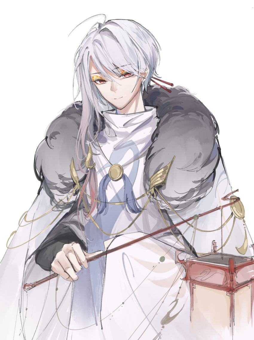 1boy, absurdres, black_shirt, cape, closed_mouth, fur-trimmed_cape, fur_trim, gradient_hair