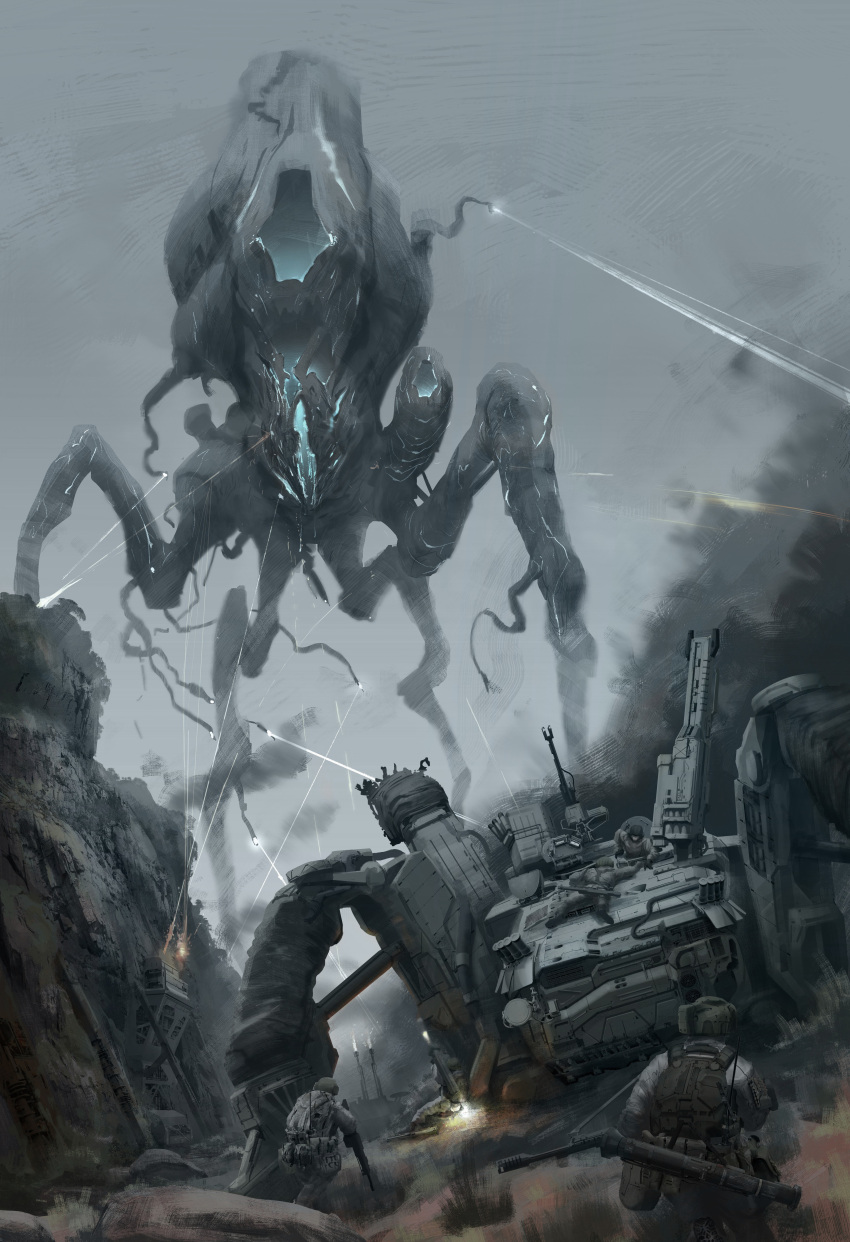 absurdres, alien, army, assault_rifle, battle, bulletproof_vest, cannon, chenlongque
