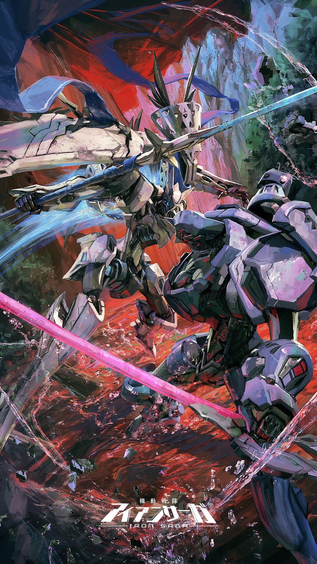 battle, copyright_name, highres, holding, holding_polearm, holding_sword, holding_weapon, iron_saga, kaguya_(iron_saga), mecha, no_humans, official_art, outdoors, polearm, robot, sword, tsukuyomi_(iron_saga), water, weapon