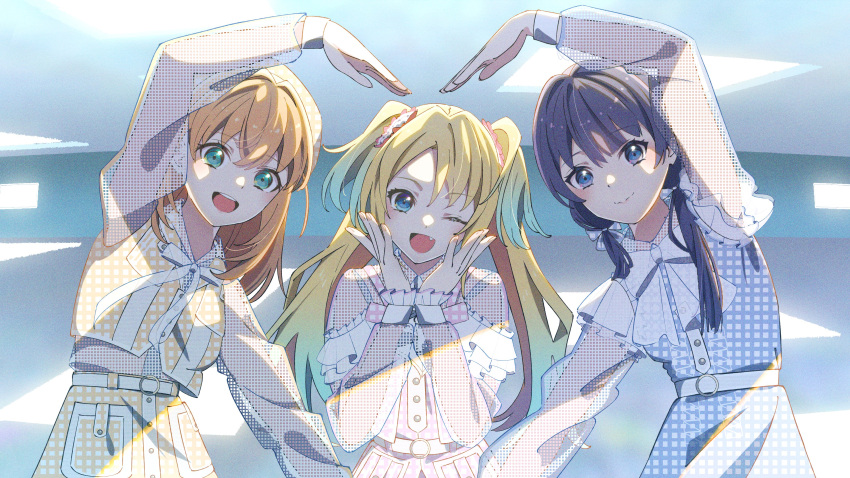 3girls, =love, absurdres, blonde_hair, blue_eyes, blue_hair, bow, cowboy_shot