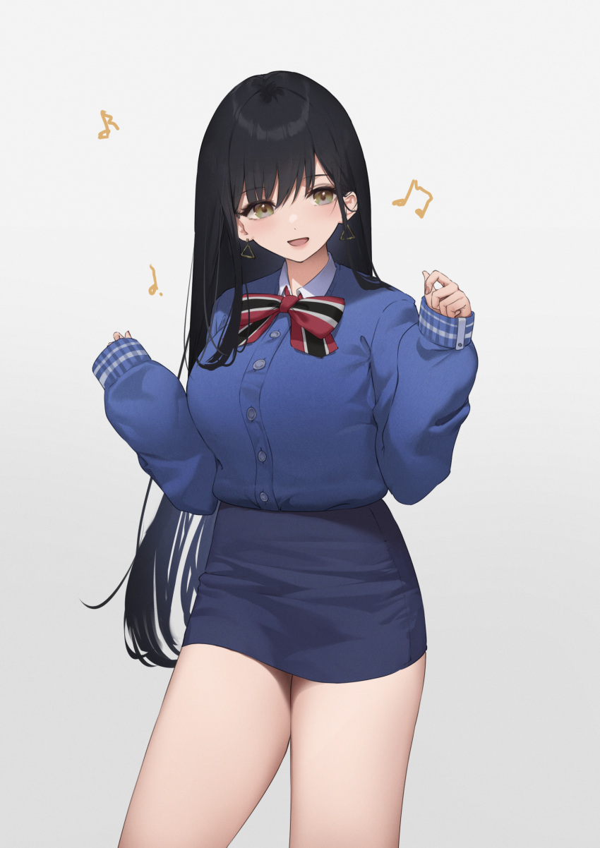 black_hair, blue_shirt, bow, bowtie, breasts, brown_eyes, diesel_(nikke), earrings