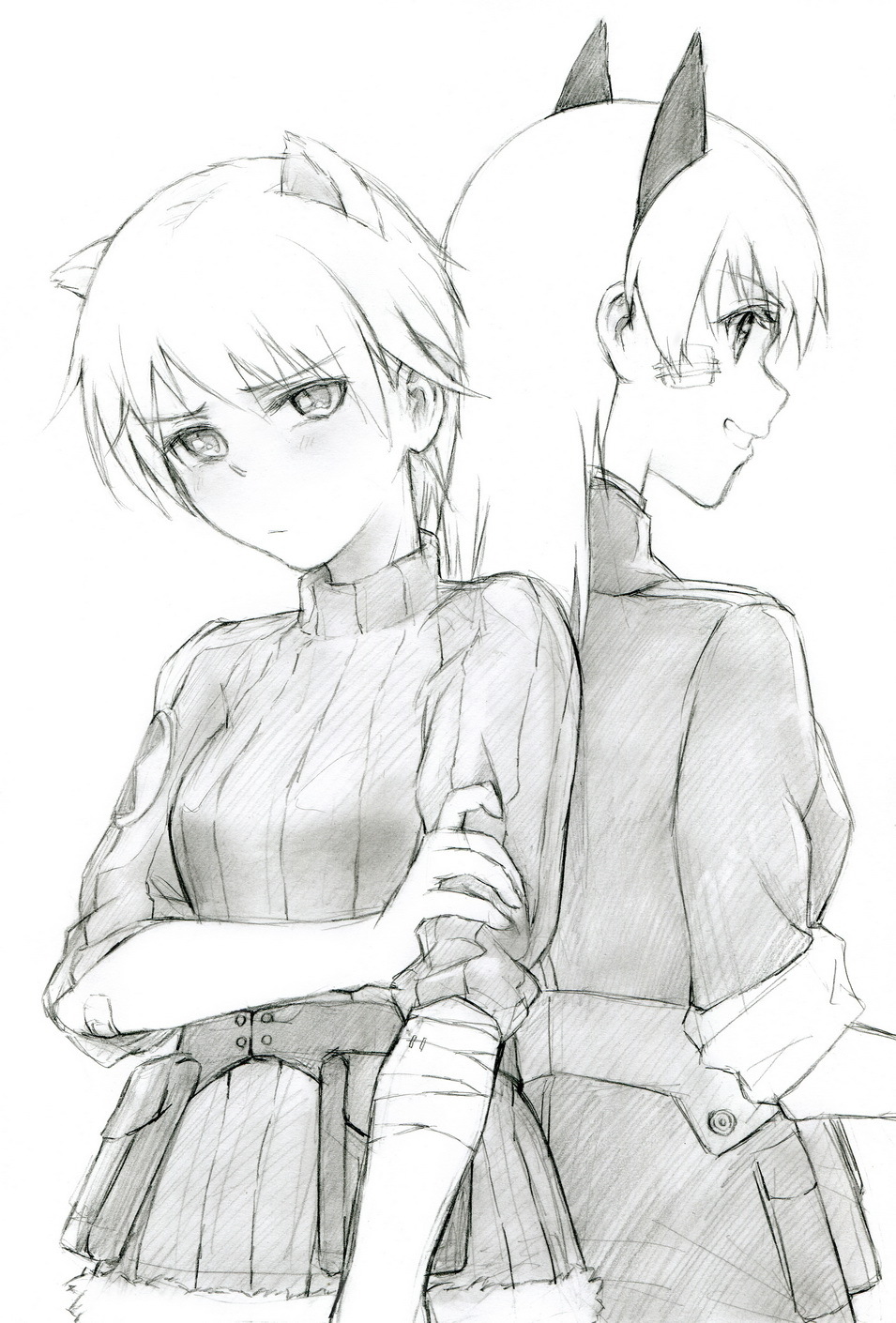 animal_ears, back-to-back, bandages, blush, eila_ilmatar_juutilainen, ermine_ears, fox_ears, highres