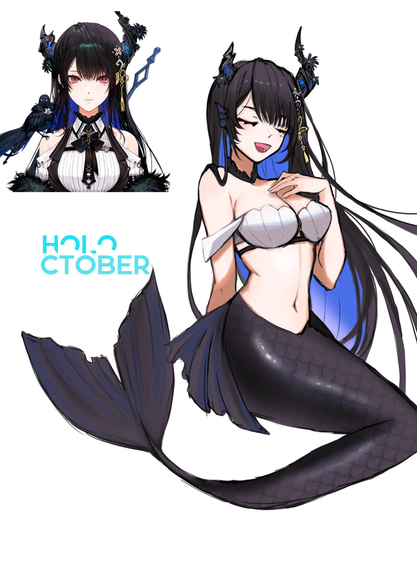 1girl, absurdres, asymmetrical_horns, bare_shoulders, black_hair, blue_hair, breasts, colored_inner_hair
