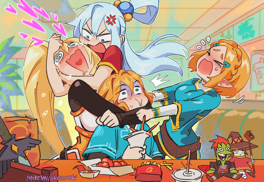 >o<, 1boy, 3girls, anger_vein, aqua_(konosuba), artist_name, blonde_hair, blue_hair