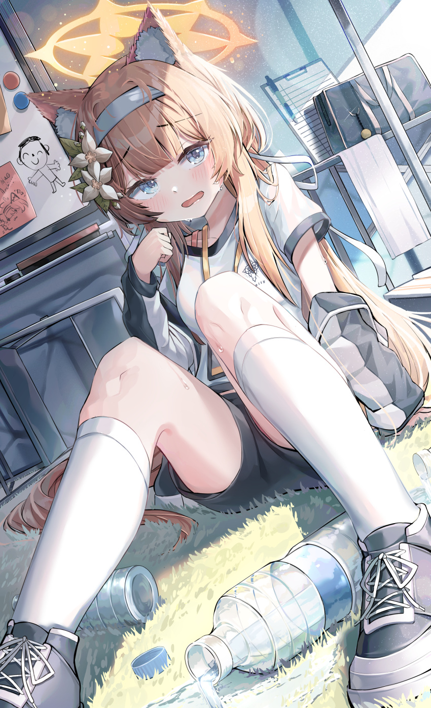 1girl, absurdres, animal_ear_fluff, animal_ears, arona's_sensei_doodle_(blue_archive), bag, black_shorts, blue_archive