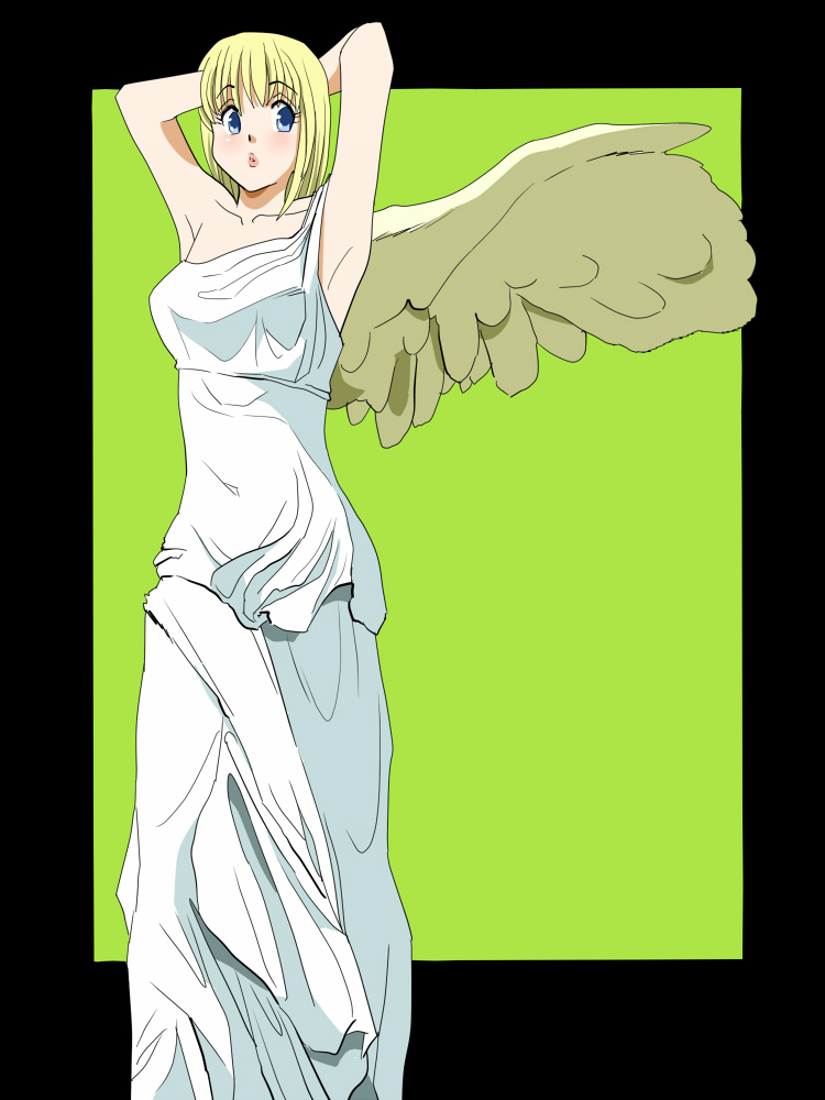 1girl, arms_up, black_border, blonde_hair, blue_eyes, border, collarbone, dress