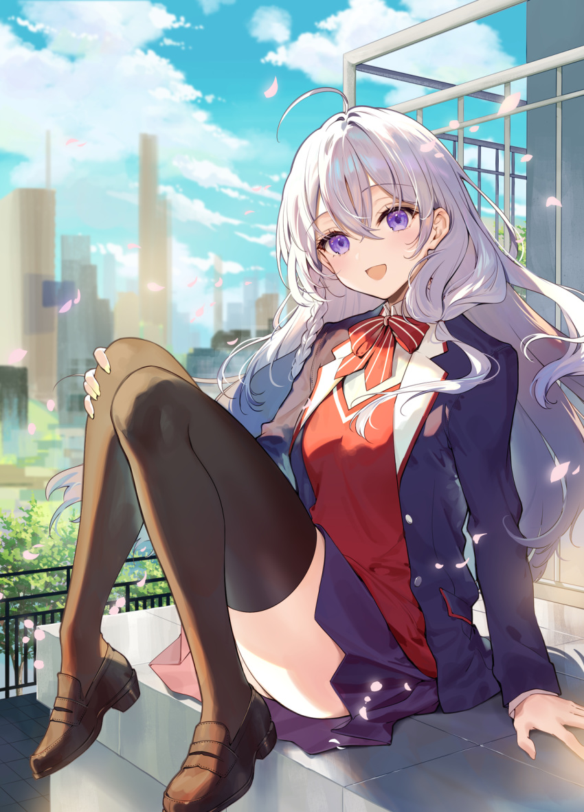 1girl, ahoge, black_thighhighs, blazer, blue_sky, bow, bowtie, braid, brown_footwear, building, clouds, cloudy_sky, collared_jacket, cover, cover_image, crossed_bangs, day, elaina_(majo_no_tabitabi), floating_hair, grey_hair, hair_between_eyes, highres, jacket, loafers, long_hair, long_sleeves, looking_at_viewer, majo_no_tabitabi, majo_no_tabitabi:_gakuen, necomi, novel_illustration, official_art, open_clothes, open_jacket, open_mouth, outdoors, petals, school_uniform, shoes, sitting, skirt, sky, smile, solo, striped, striped_bow, striped_bowtie, thigh-highs, thighs, violet_eyes, zettai_ryouiki
