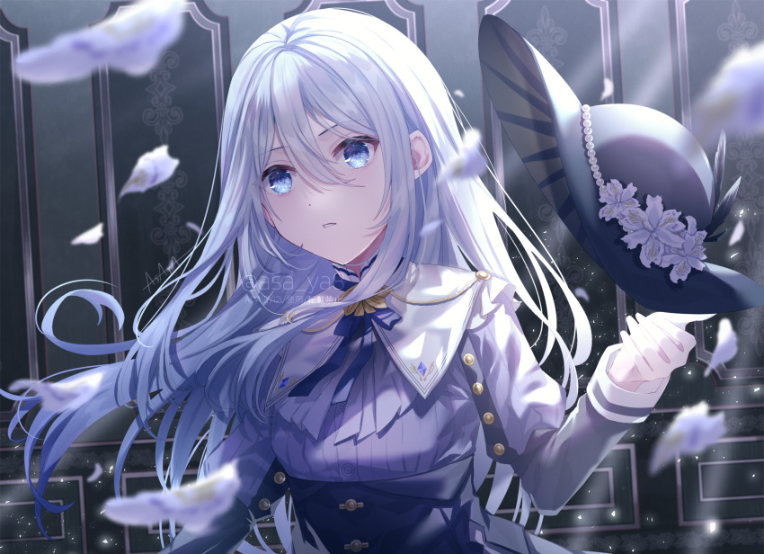 1girl, artist_name, asaya-bigun, black_headwear, black_skirt, blue_eyes, blue_ribbon, capelet