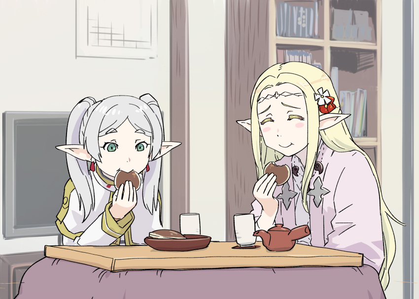 2girls, blonde_hair, blush_stickers, capelet, closed_eyes, commentary_request, crossover, cup