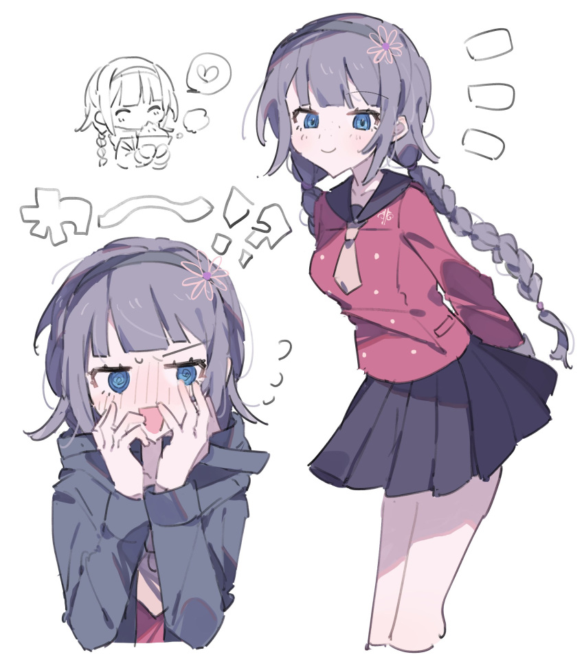1girl, @_@, arms_behind_back, black_skirt, black_socks, blue_eyes, blunt_bangs, blush, braid, breasts, chibi, closed_eyes, closed_mouth, coat, commentary_request, cropped_legs, cropped_torso, doodle_inset, eating, embarrassed, flower, flying_sweatdrops, grey_coat, grey_hair, grey_hairband, hair_flower, hair_ornament, hairband, hands_up, highres, hwr33m, kurumi_wendy, long_sleeves, looking_at_viewer, looking_to_the_side, master_detective_archives:_rain_code, multiple_views, neckerchief, open_mouth, pleated_skirt, red_shirt, school_uniform, serafuku, shirt, skirt, small_breasts, smile, socks, standing, twin_braids, white_background, yellow_neckerchief