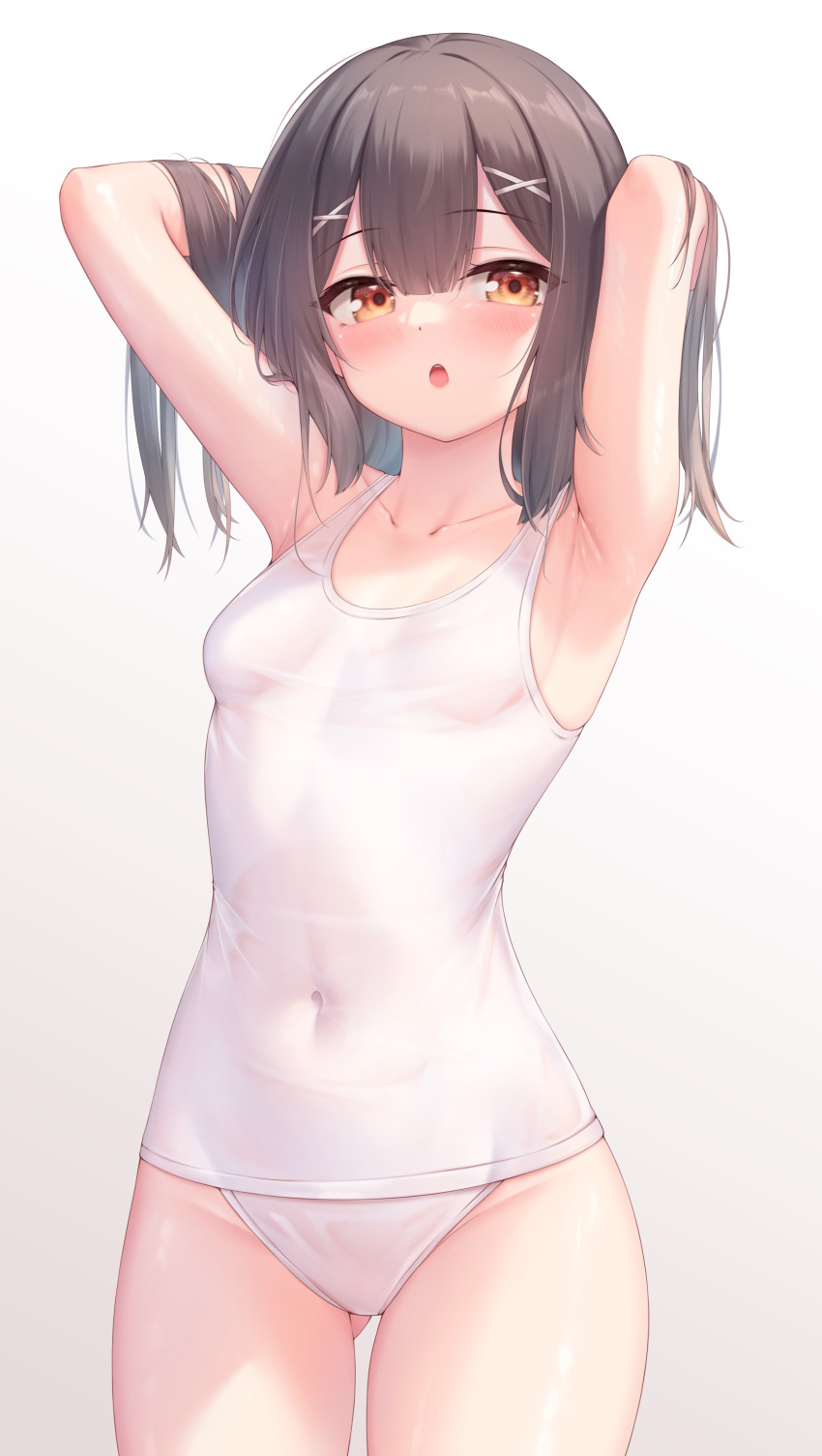 1girl, absurdres, arata_(xin), bare_shoulders, black_hair, blush, breasts, brown_eyes