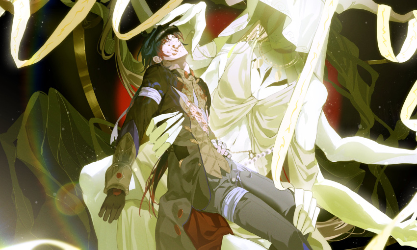 1boy, 1other, absurdres, bandaged_hand, bandages, black_gloves, black_sleeves, blade_(honkai:_star_rail)