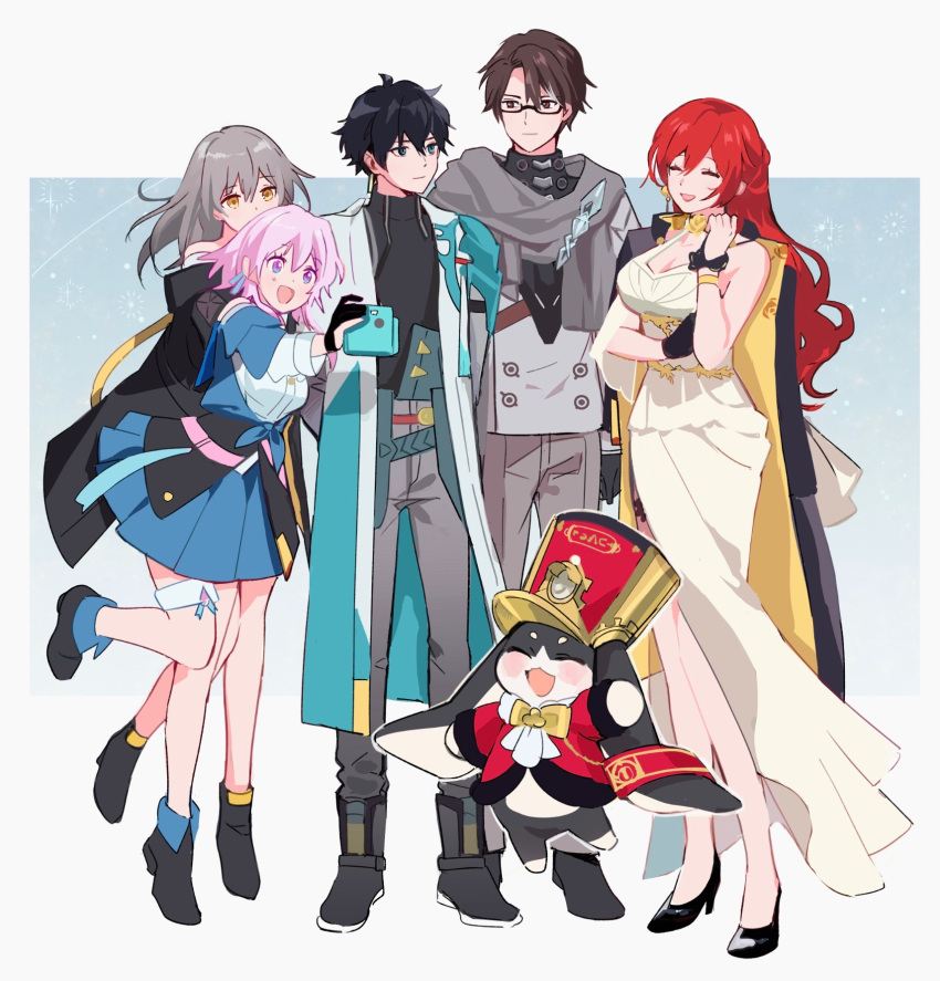 1other, 2boys, 3girls, ahoge, arms_behind_back, black_coat, black_footwear, black_jacket