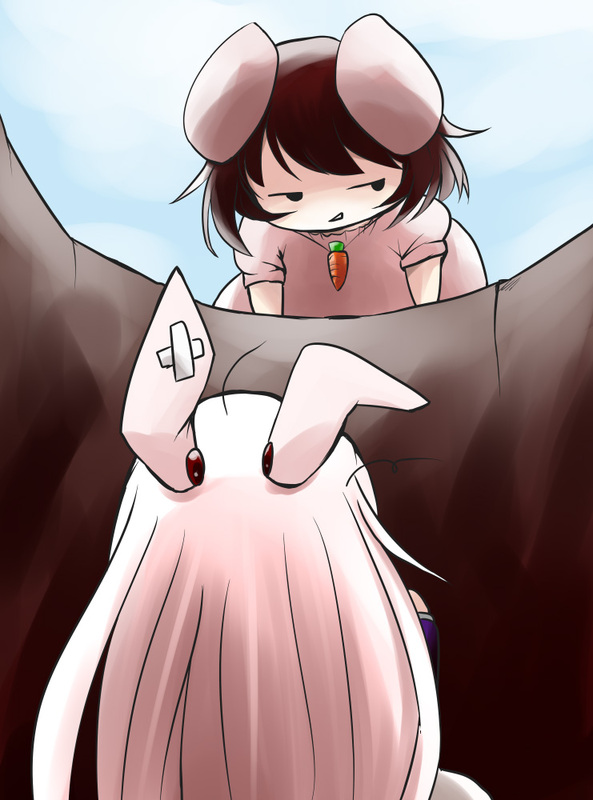 bandages, brown_hair, bunny_ears, carrot, chibi, glance, inaba_tewi, jewelry