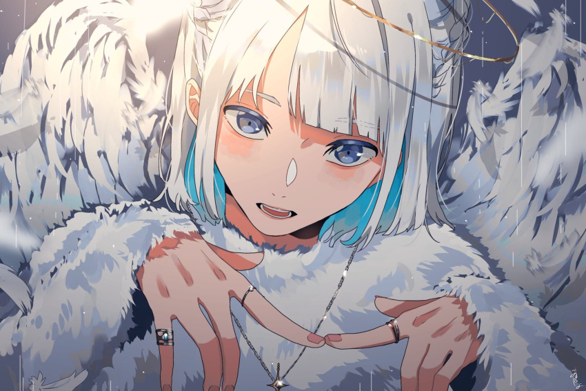 1boy, amanoiyo_14, androgynous, angel, angel_wings, blue_eyes, blue_hair, blunt_bangs, blush, colored_inner_hair, feathered_wings, halo, highres, jewelry, looking_at_viewer, multicolored_hair, multiple_rings, necklace, open_mouth, original, pink_nails, rain, ring, short_hair, shy, teeth, white_hair, wings