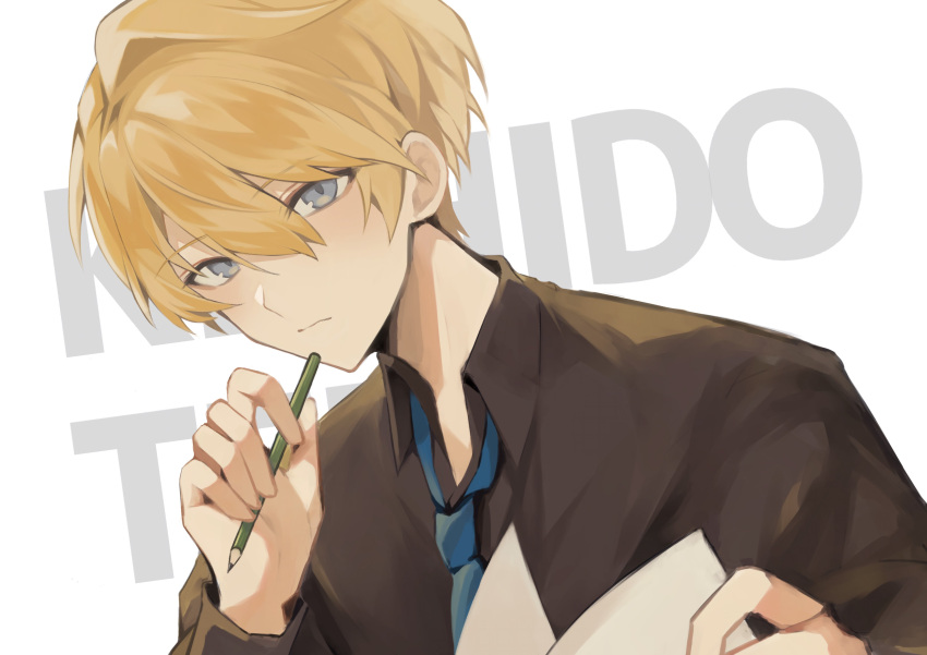 1boy, absurdres, black_shirt, blonde_hair, blue_eyes, blue_necktie, character_name, hair_between_eyes, highres, holding, holding_paper, holding_pencil, holostars, kishido_temma, looking_at_viewer, male_focus, mg_ytm, necktie, paper, pencil, shirt, short_hair, simple_background, solo, upper_body, virtual_youtuber, white_background