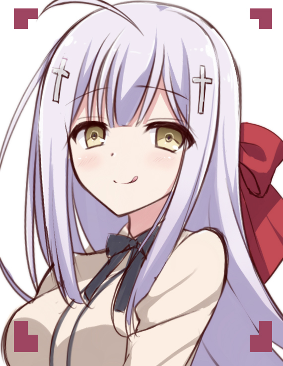 1girl, :q, ahoge, black_ribbon, blunt_bangs, blush, breasts, cariboy