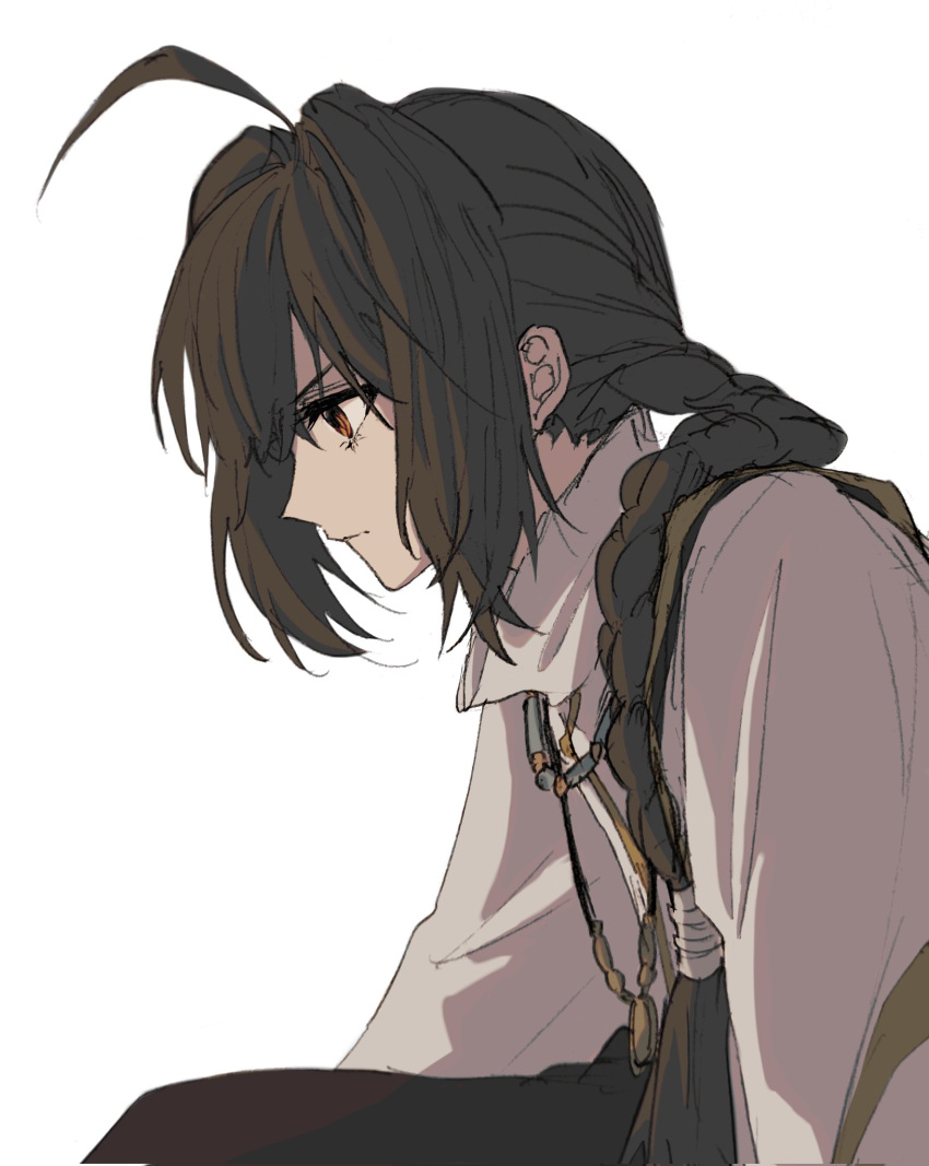 1other, ahoge, androgynous, black_hair, black_pants, braid, braided_ponytail, brown_eyes, closed_mouth, commentary, fate/samurai_remnant, fate_(series), fgo39625963, from_side, hair_intakes, highres, japanese_clothes, jewelry, long_hair, necklace, pants, profile, saber_(fate/samurai_remnant), simple_background, solo, white_background