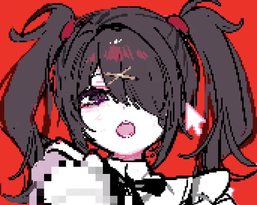 1girl, ame-chan_(needy_girl_overdose), black_eyes, black_hair, black_ribbon, commentary_request, cursor, hair_ornament, hair_over_one_eye, hair_tie, hairclip, highres, long_hair, looking_at_viewer, mainemu_izu, neck_ribbon, needy_girl_overdose, open_mouth, pixel_art, red_background, ribbon, simple_background, solo, twintails, upper_body, x_hair_ornament