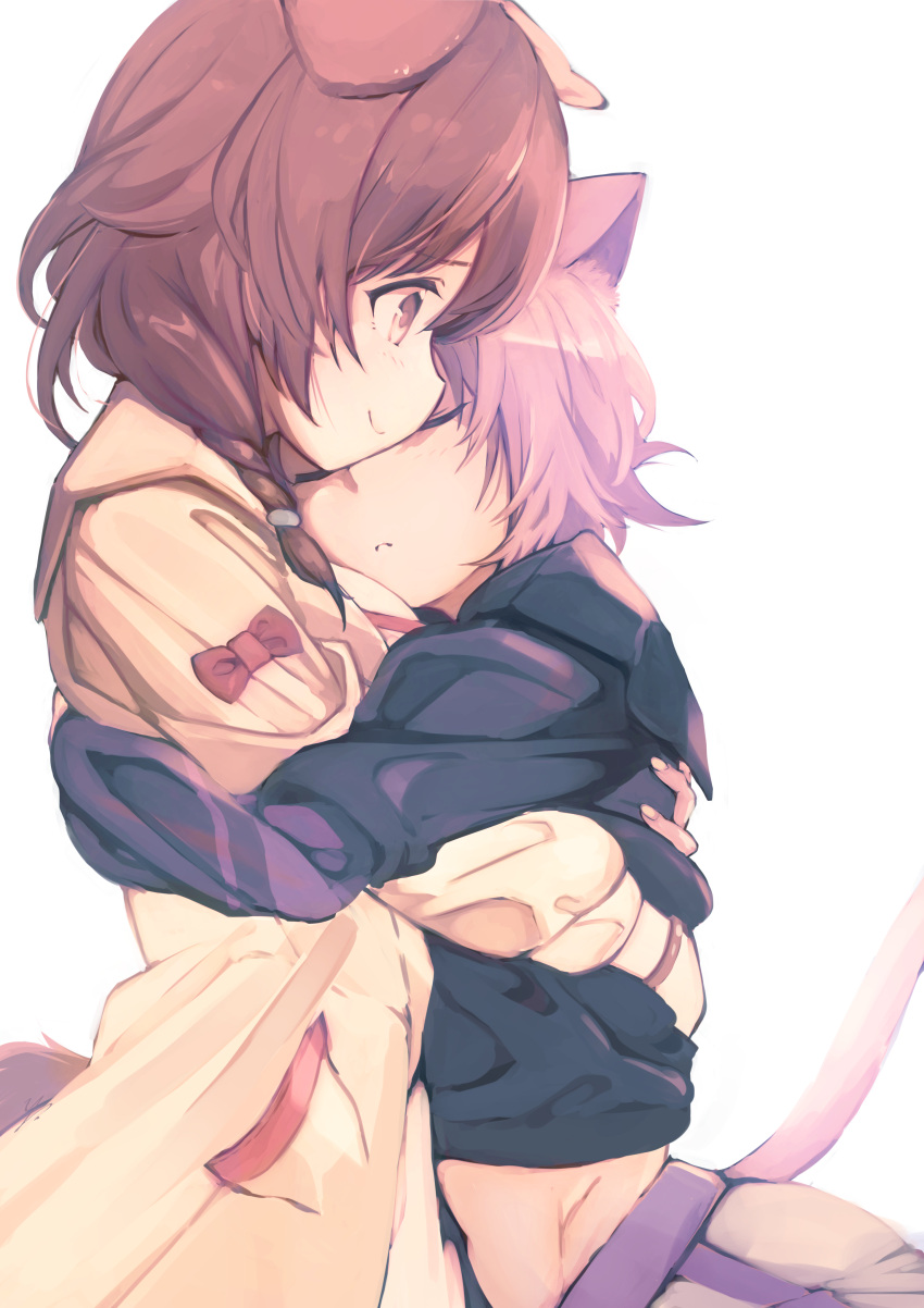 2girls, absurdres, animal_ears, black_hoodie, blush, braid, brown_eyes, brown_hair, cat_ears, cat_girl, cat_tail, closed_eyes, dog_ears, dog_girl, dog_tail, hair_between_eyes, highres, hololive, hood, hoodie, hug, inugami_korone, jacket, looking_at_another, medium_hair, multiple_girls, nekomata_okayu, purple_hair, qiandao_you, short_hair, smile, standing, tail, twin_braids, upper_body, virtual_youtuber, white_background, yellow_jacket, yuri