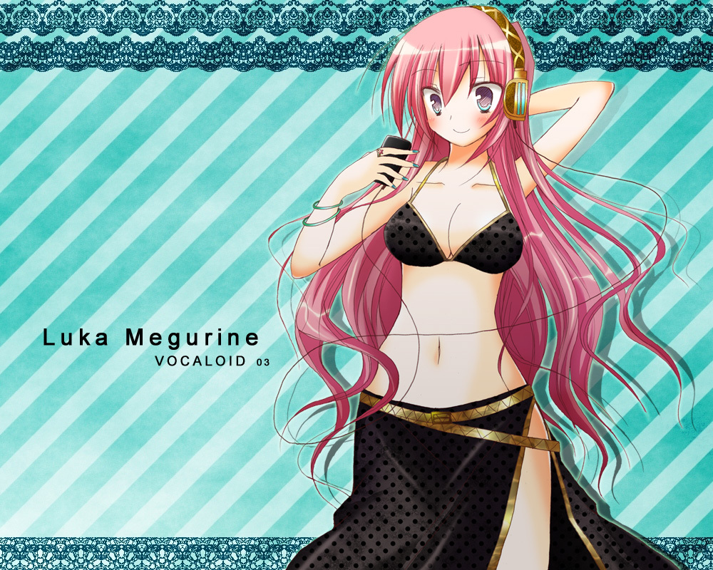 bad_id, bikini_top, bracelet, breasts, cleavage, digital_media_player, hand_behind_head, headphones, inst, jewelry, large_breasts, long_hair, megurine_luka, mp3_player, pink_hair, purple_eyes, ring, side_slit, skirt, solo, violet_eyes, vocaloid