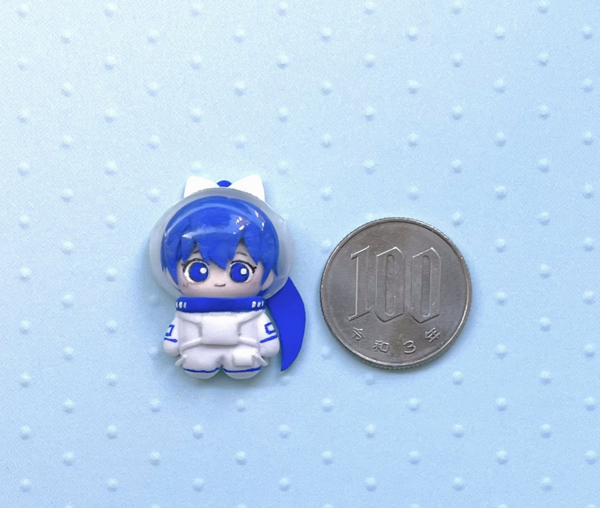 1girl, astronaut, blue_background, blue_eyes, blue_hair, bow, chibi, clay_(medium)