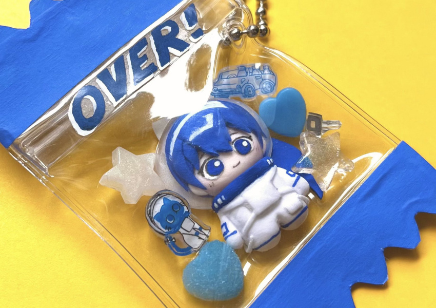1girl, animal, astronaut, blue_eyes, blue_hair, bow, car, cat