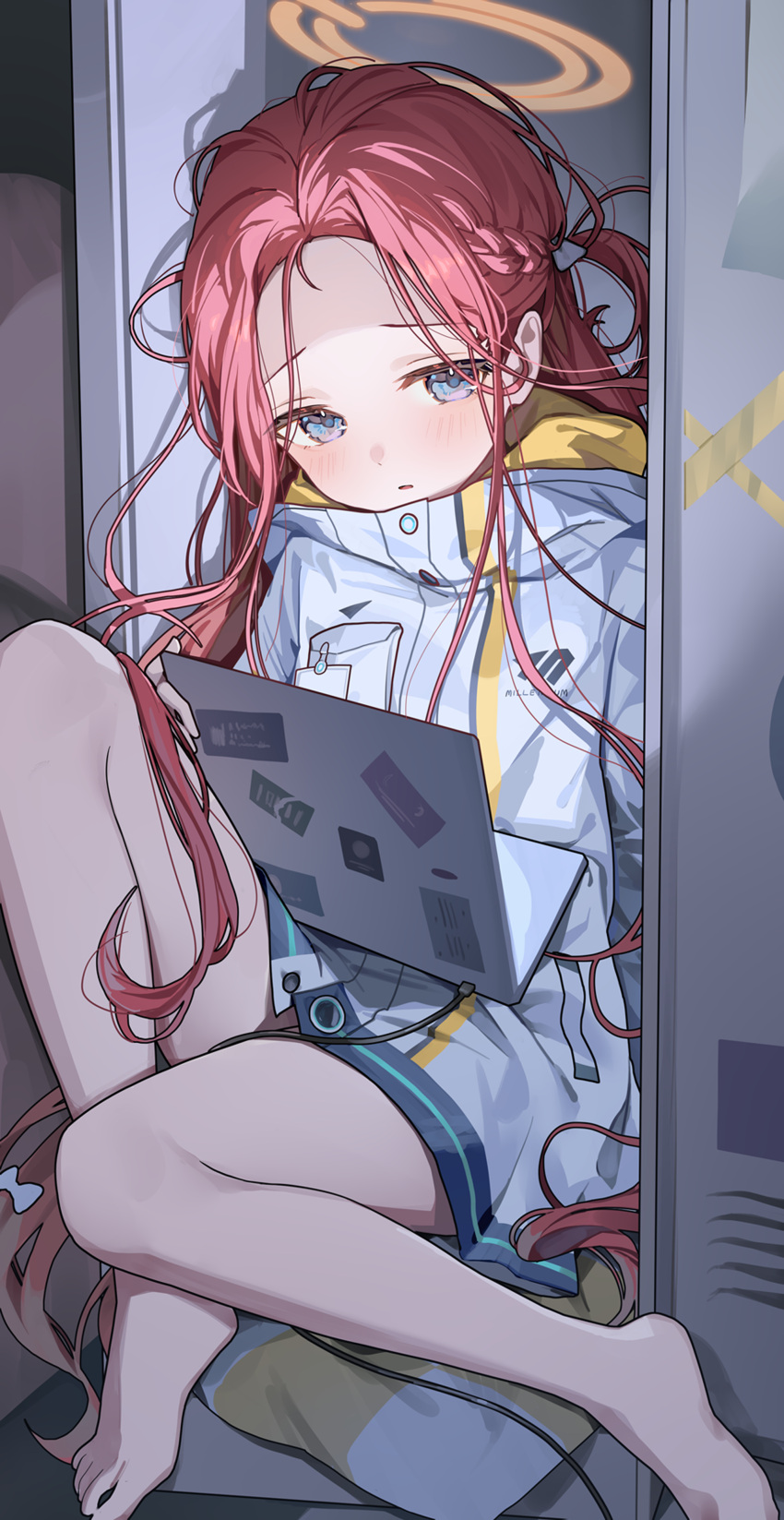 1girl, absurdres, barefoot, blue_archive, blush, computer, halo, highres, jacket, laptop, looking_at_viewer, ningen_mame, orange_halo, parted_lips, redhead, sitting, solo, white_jacket, yuzu_(blue_archive)