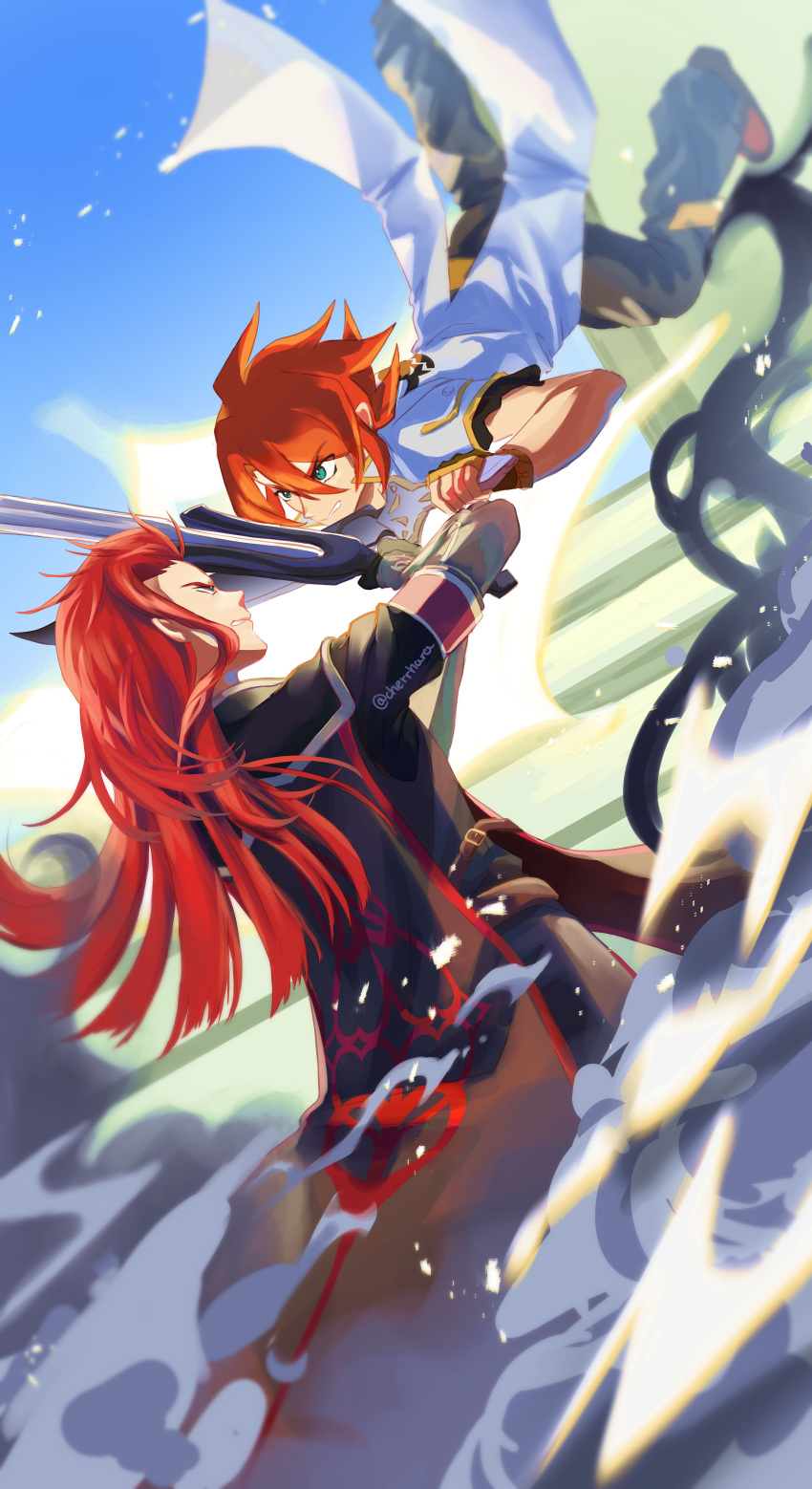 2boys, absurdres, asch_(tales), battle, black_jacket, black_pants, black_shirt, blue_sky