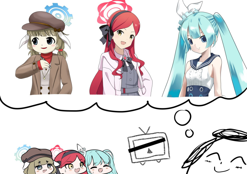1boy, 3girls, ^_^, animal_ears, aqua_hair, arona's_sensei_doodle_(blue_archive), black_eyes, black_hairband