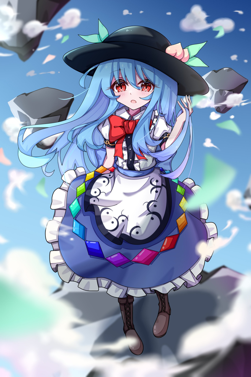 1girl, absurdres, black_headwear, blue_hair, blush, boots, bow, brown_footwear