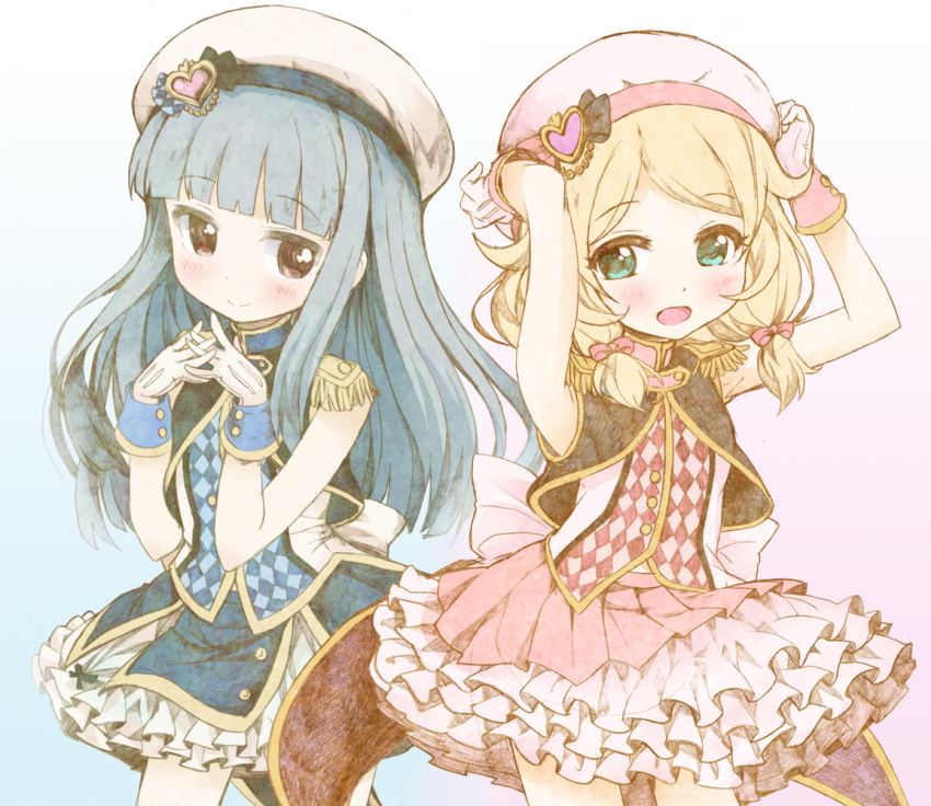 2girls, beret, blonde_hair, blue_hair, blush, bow_skirt, capelet, checkered_clothes