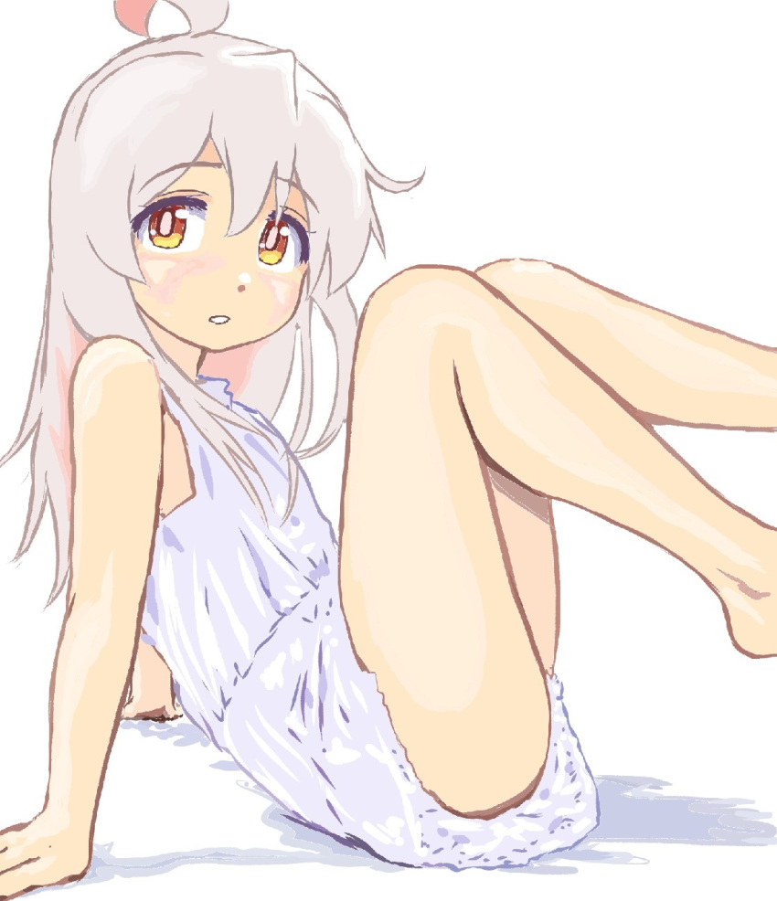 1girl, ahoge, bare_arms, bare_legs, bare_shoulders, barefoot, bright_pupils, colored_inner_hair