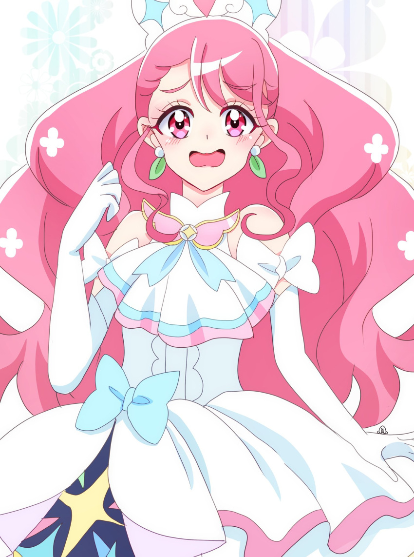 1girl, artist_name, ascot, asymmetrical_bangs, big_hair, bow, brooch, commentary, cosplay, cure_grace, cure_prism, cure_prism_(cosplay), dress, dress_bow, earrings, elbow_gloves, gloves, hair_bow, hanadera_nodoka, healin'_good_precure, highres, hirogaru_sky!_precure, jewelry, layered_dress, leaf_earrings, looking_at_viewer, magical_girl, medium_dress, momotarouooi, open_mouth, pink_eyes, pink_hair, precure, series_connection, signature, sleeveless, sleeveless_dress, smile, solo, wavy_mouth, white_ascot, white_bow, white_gloves, wing_brooch