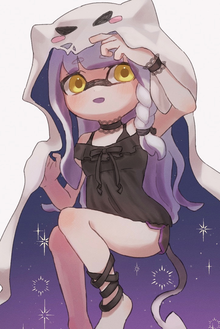 1girl, bed_sheet, black_choker, black_ribbon, black_shirt, black_shorts, braid, choker