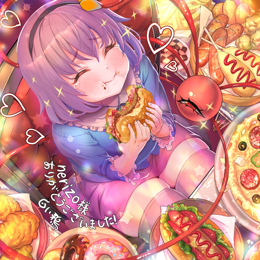 1girl, blue_shirt, blush, burger, closed_eyes, closed_mouth, collared_shirt, commission