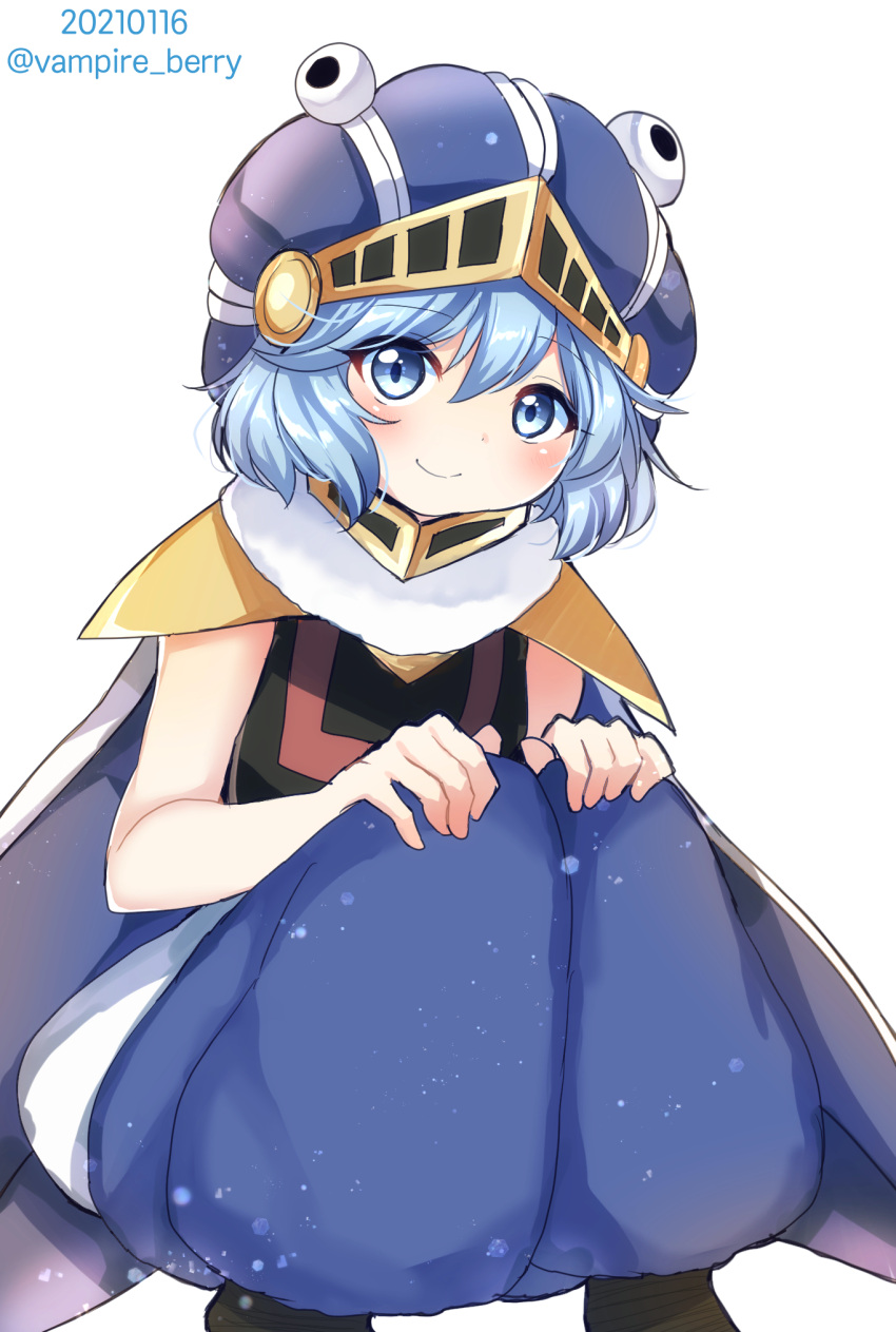 1other, androgynous, animal_feet, black_shirt, blue_eyes, blue_hair, blue_headwear, blue_pants