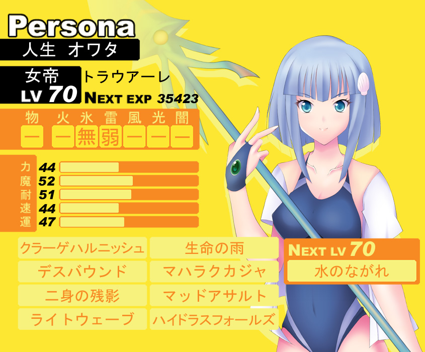 blue_hair, parody, persona, persona_4, rosenkreuzstilette, school_swimsuit, shell, swimsuit