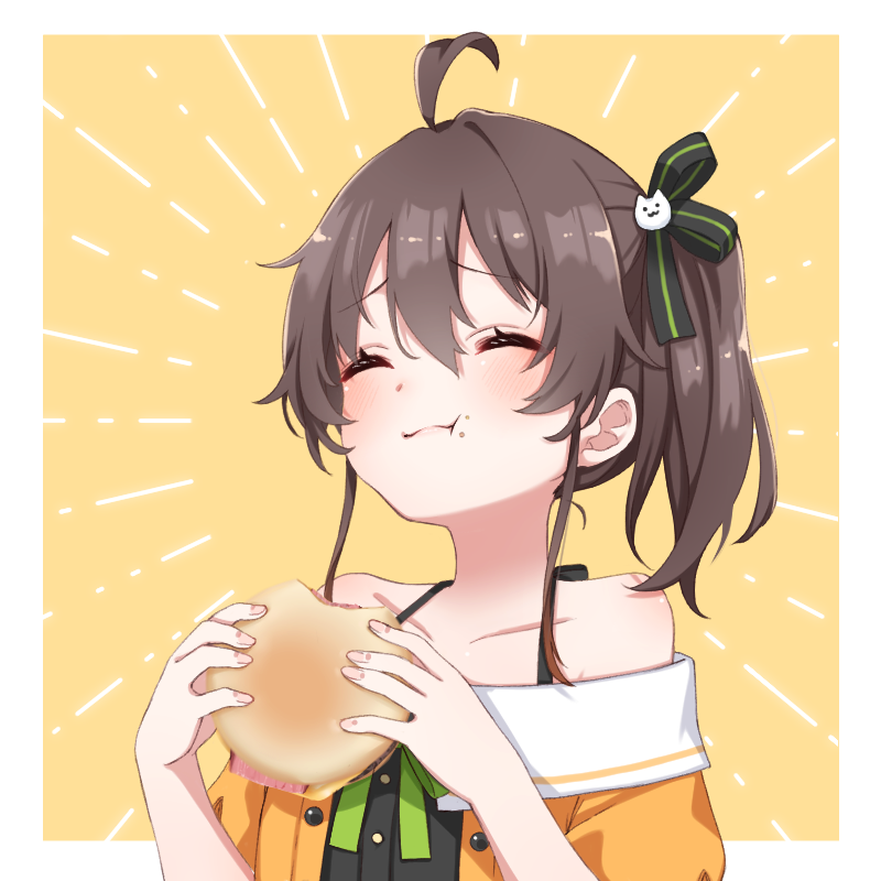 1girl, ahoge, black_camisole, blush, border, brown_hair, burger, camisole